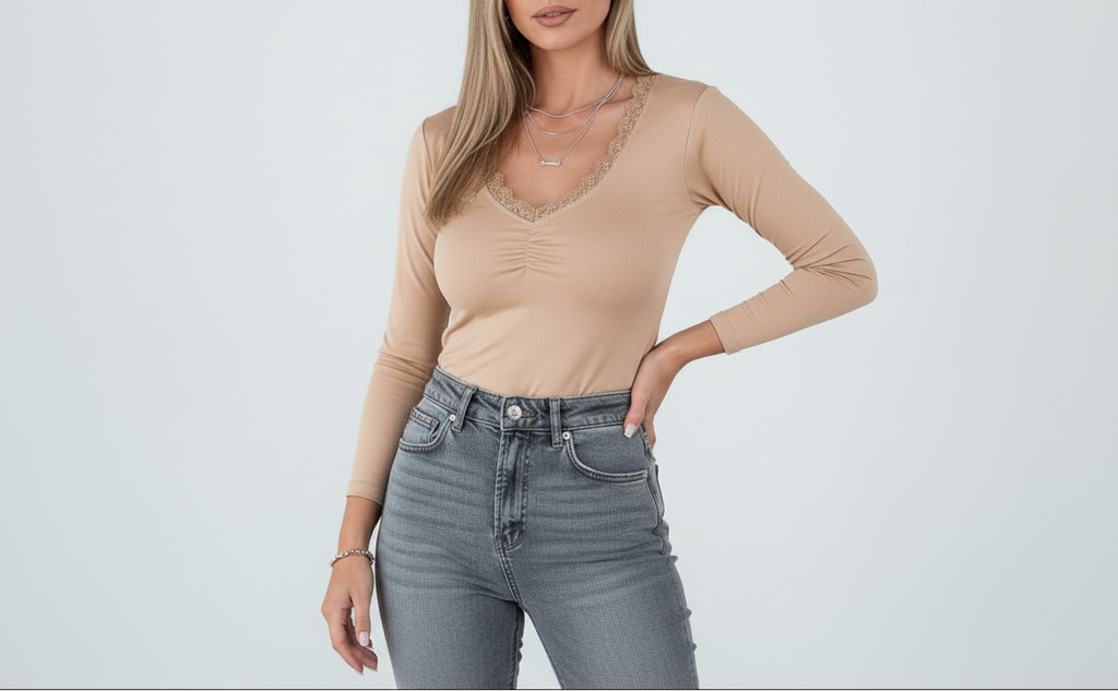 Lace-Trimmed Ruched T-Shirt