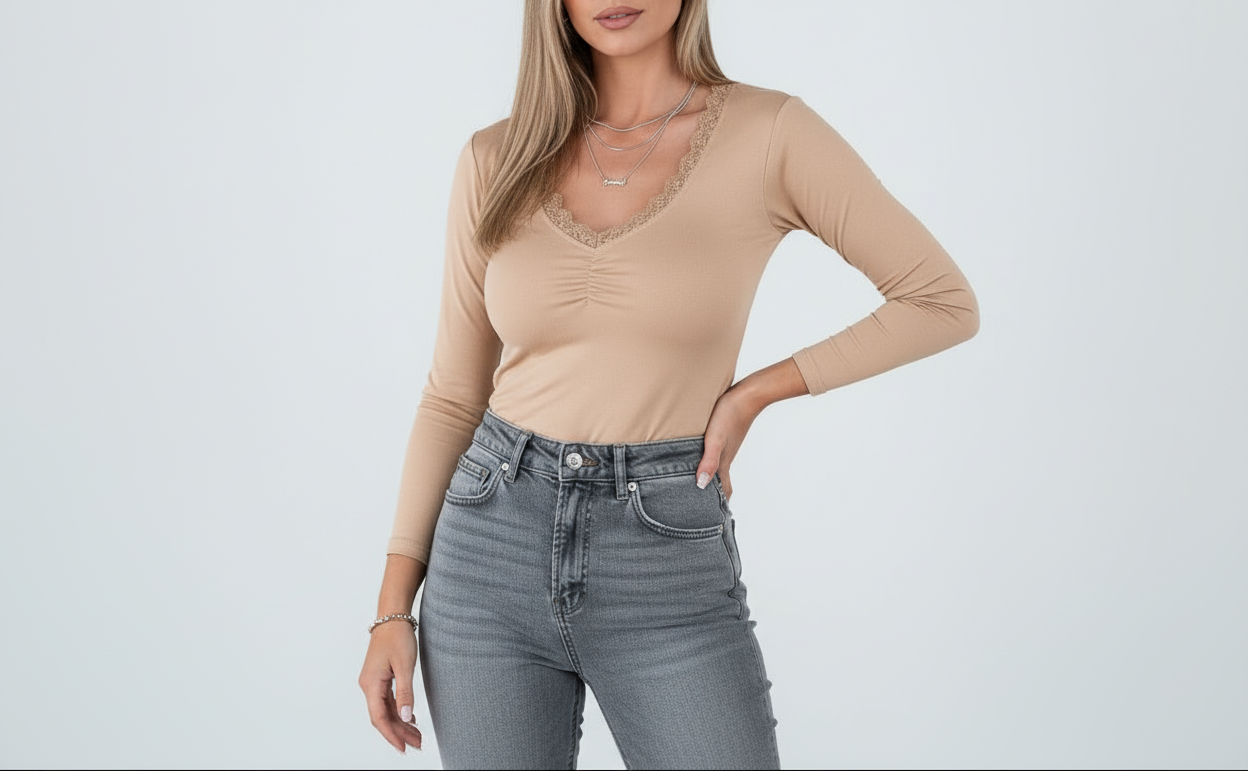 Lace-Trimmed Ruched T-Shirt