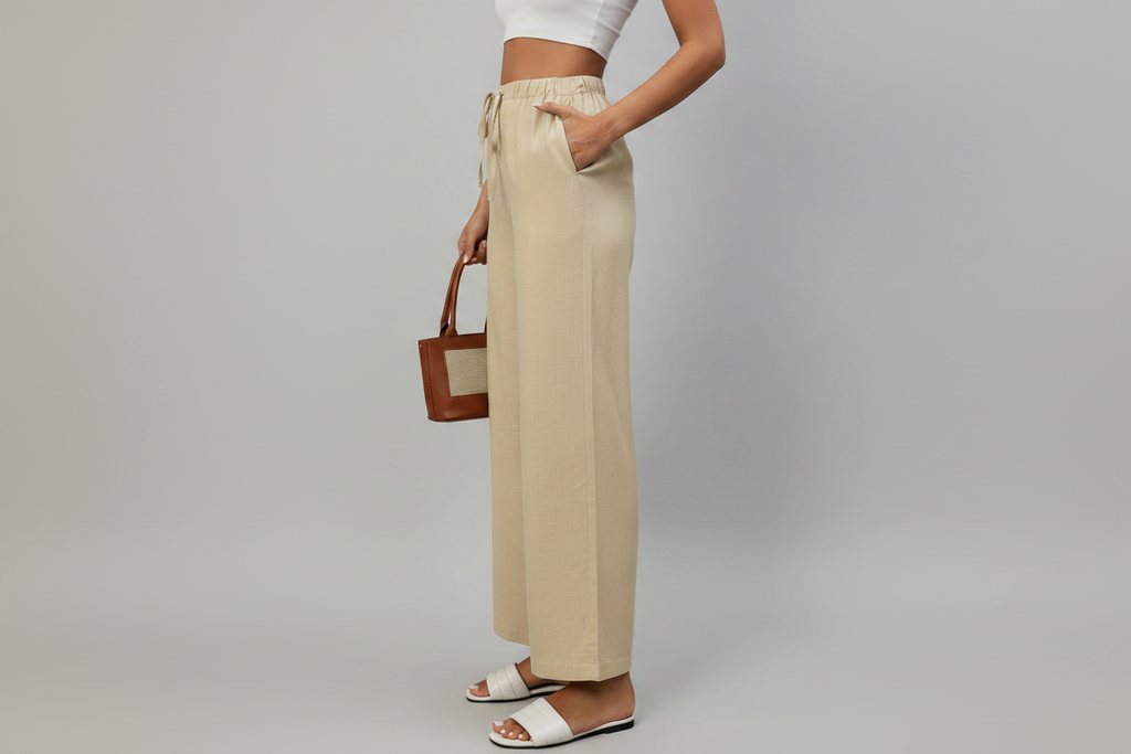 Viscose Drawstring High Waist Wide Leg Pants