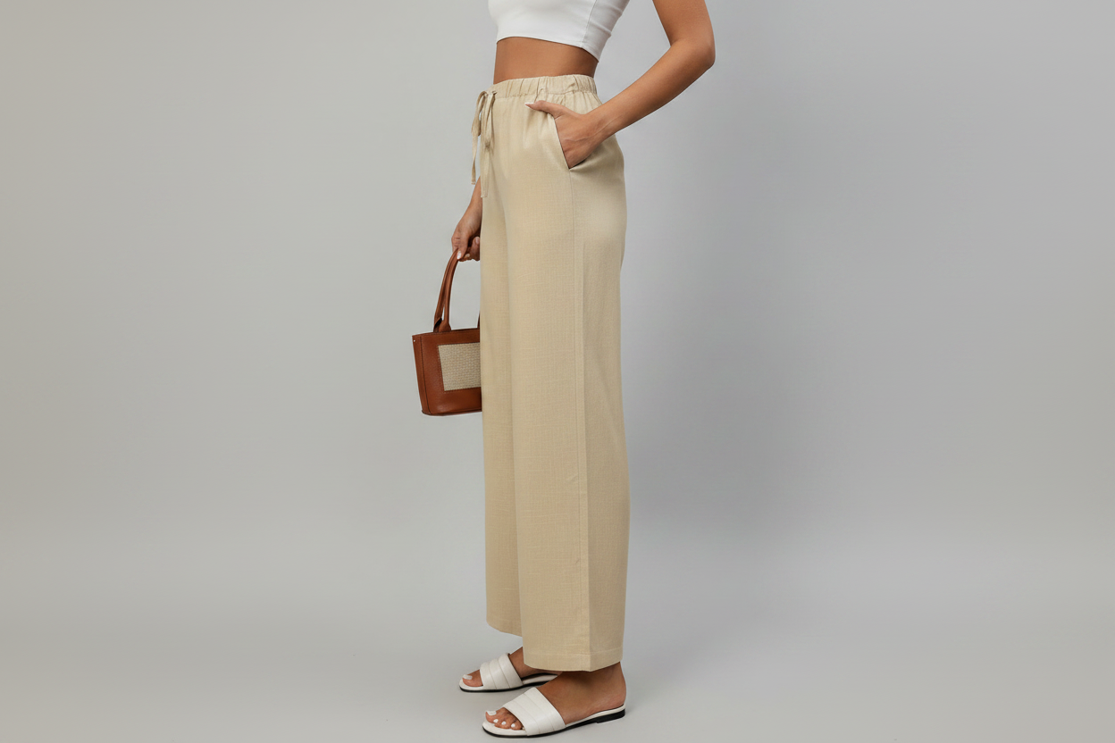 Viscose Drawstring High Waist Wide Leg Pants