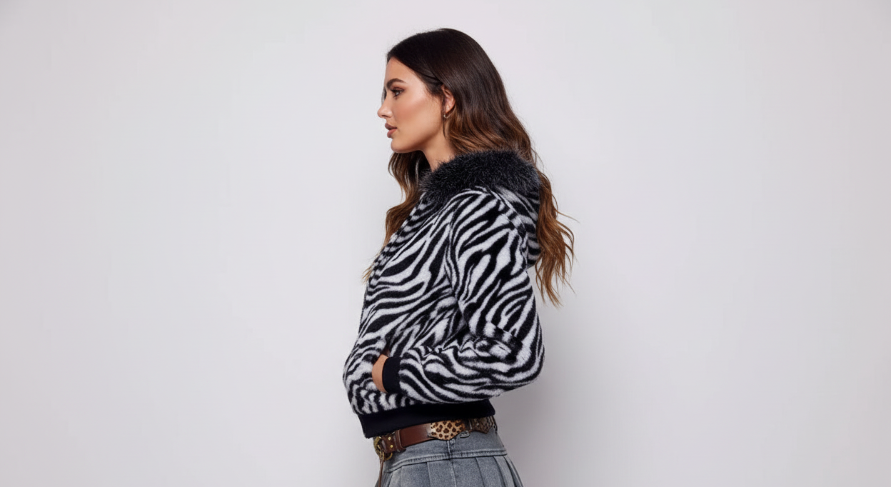 Zebra Faux Fur Hooded Jacket