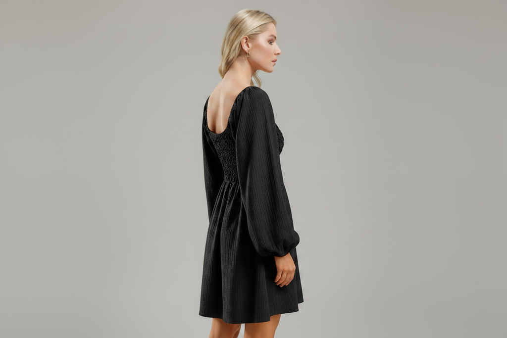 Black Textured Smocked Dress