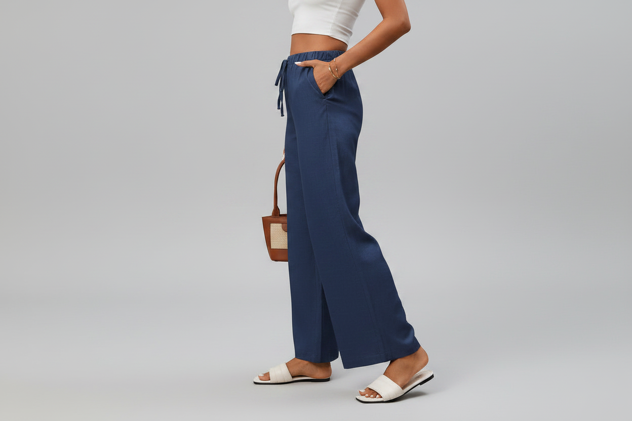 Viscose Drawstring High Waist Wide Leg Pants