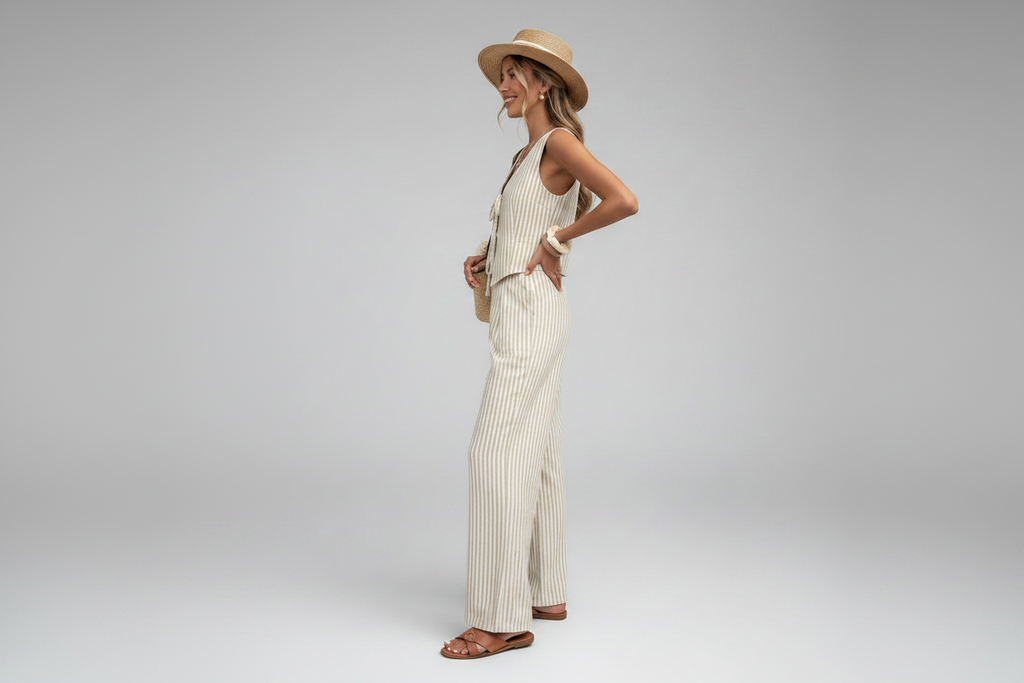 Khaki Striped Vest & Wide Leg Pants Set
