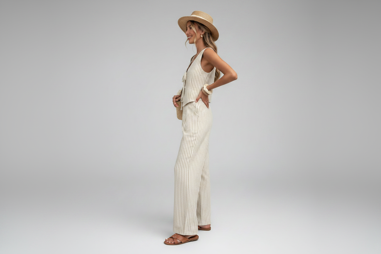 Khaki Striped Vest & Wide Leg Pants Set