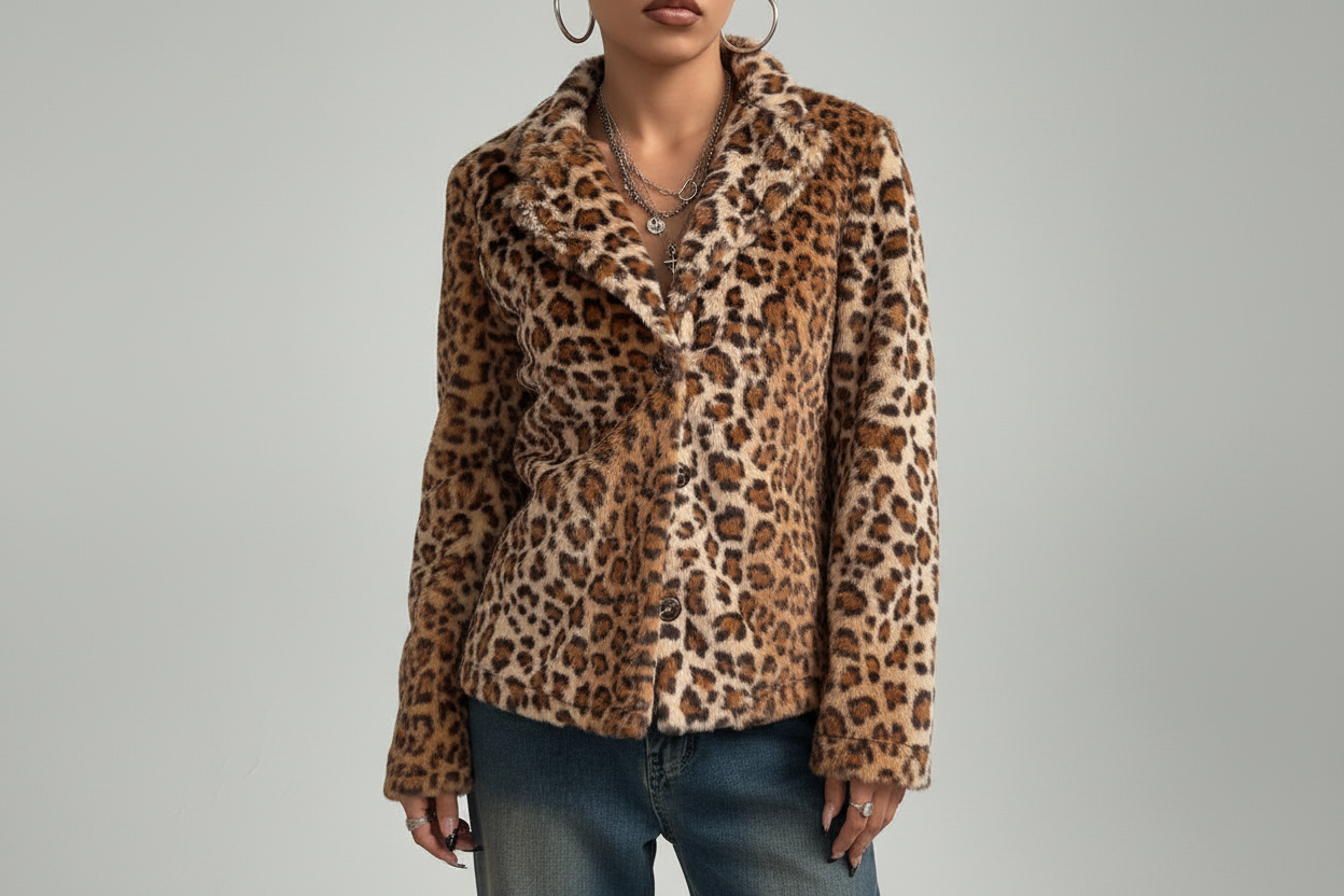Leopard Button Up Faux Fur Jacket