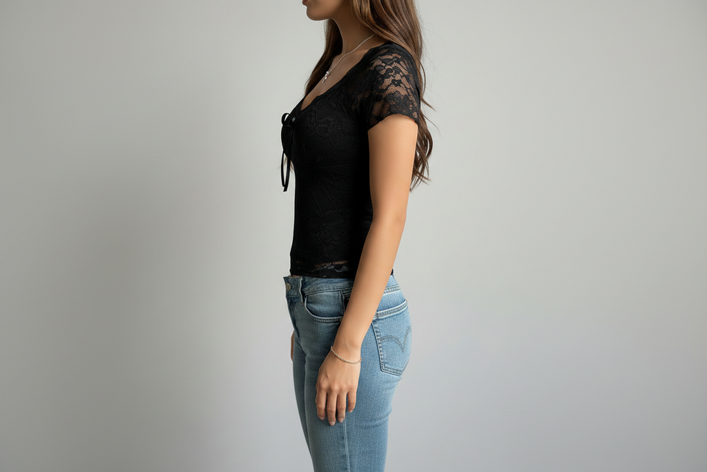 Black Lace Bowknot Slim Fit Top