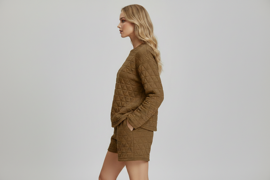 Texture Round Neck Long Sleeve Top & Shorts Set