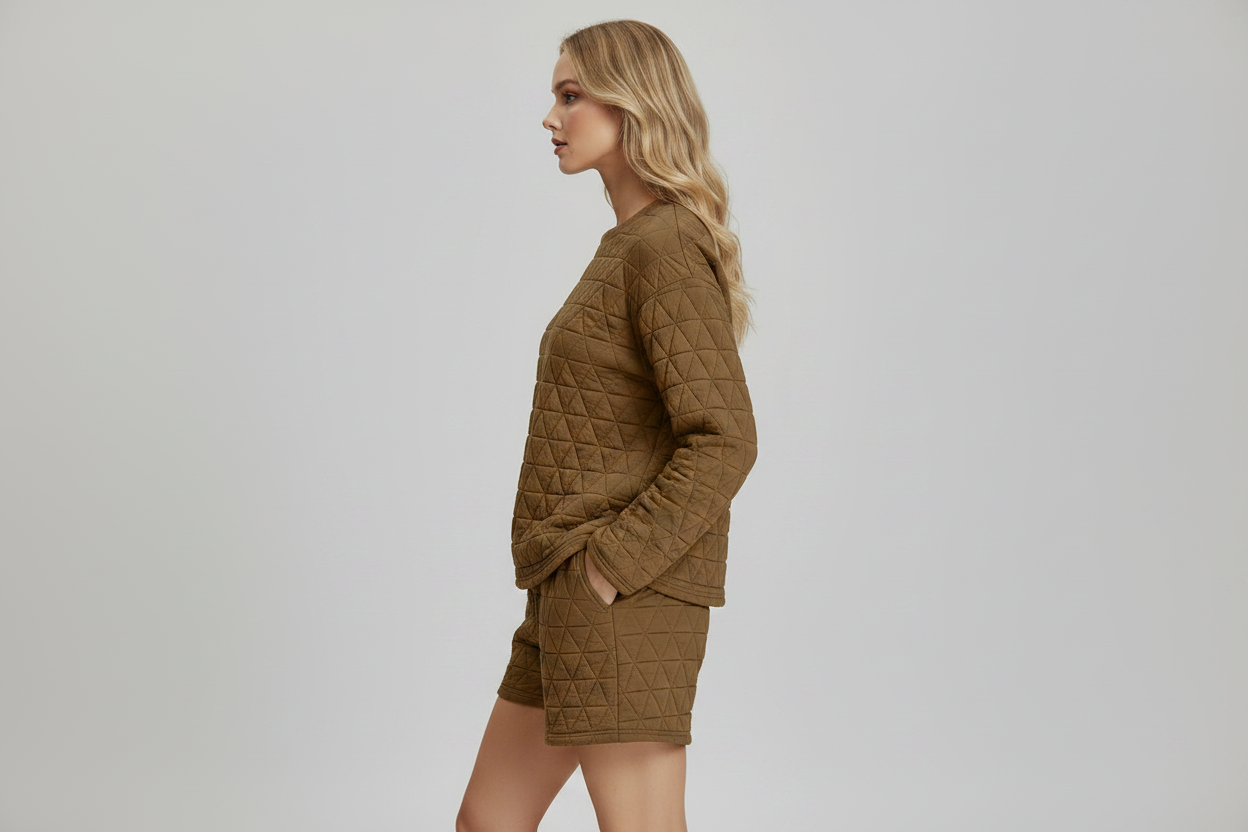 Texture Round Neck Long Sleeve Top & Shorts Set