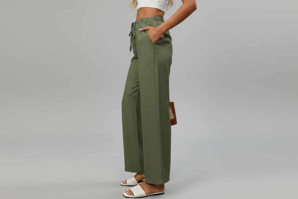 Viscose Drawstring High Waist Wide Leg Pants