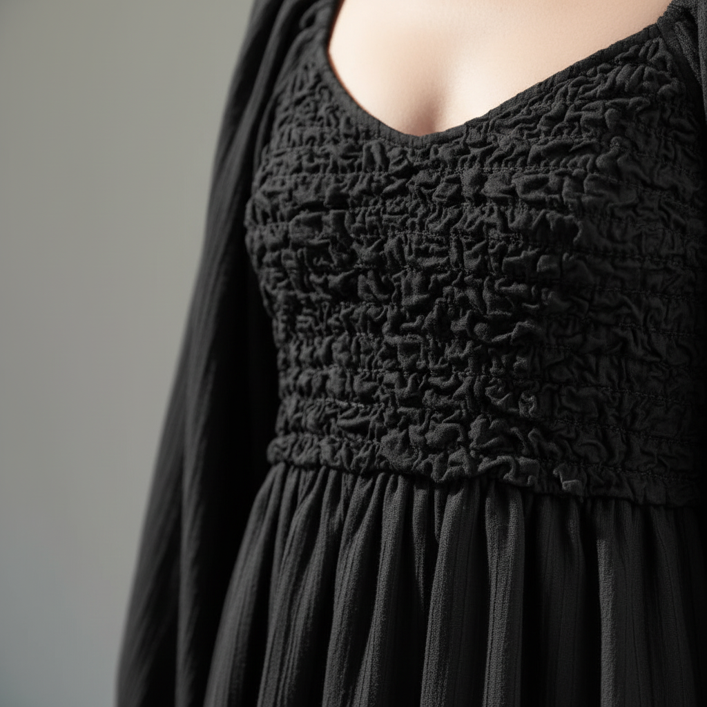 Black Textured Smocked Dress
