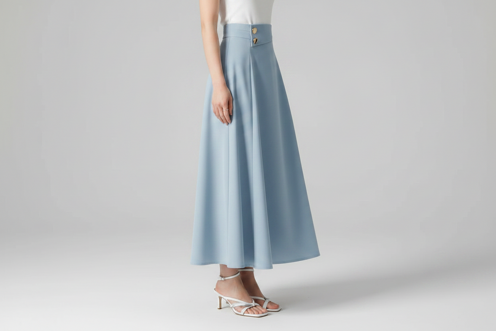 Light Blue A-Line Midi Skirt with Zipper